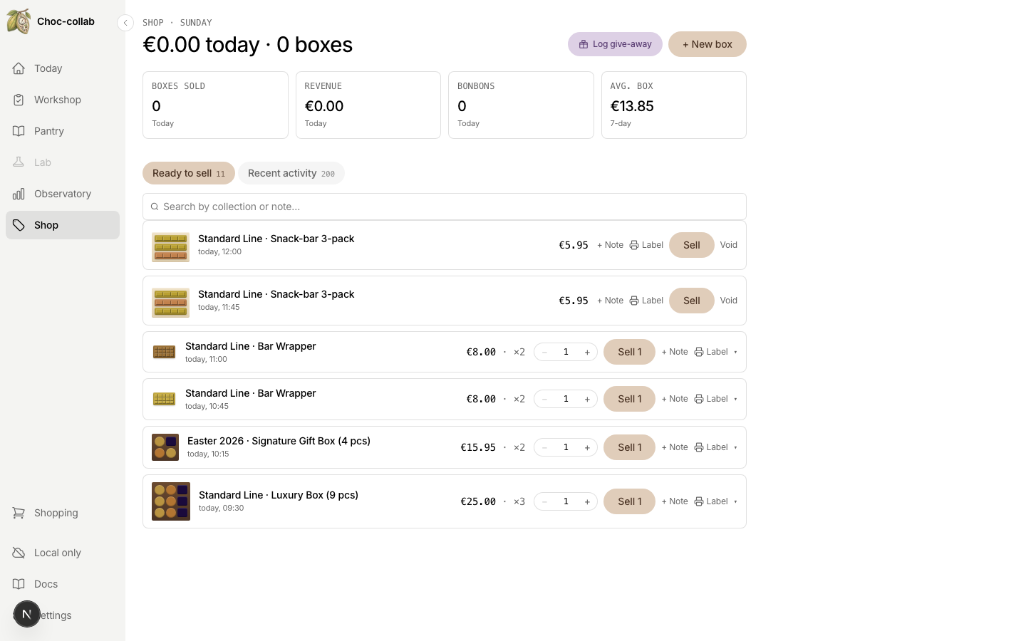 Counter-side Shop — pre-packaged boxes ready to sell in one tap.